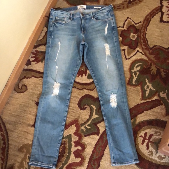 FRAME Size 28 (30) “Le Garçon Jean” Stretch Skinny Jean Distressed Med Blue Soft - Picture 2 of 16